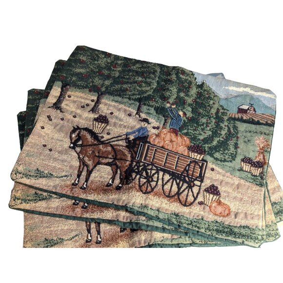 Vintage Harvest Placemats Set of 4 Pumpkin Patch Scene 16" x 12" Horse and Buggy - Picture 1 of 8